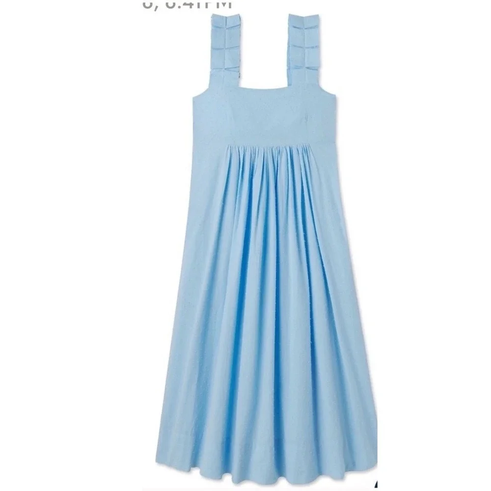 LAKE ‎ Light Blue Swiss Dot Smocked Midi Dress Ruffle Strap Square Neck